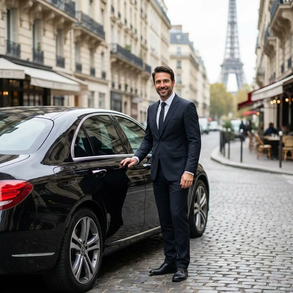 Chauffeur VTC professionnel en costume devant une berline noire en Île-de-France